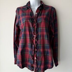 RALPH LAUREN Plaid Ruffle Button Down Shirt Size Small Quiet Luxury Preppy